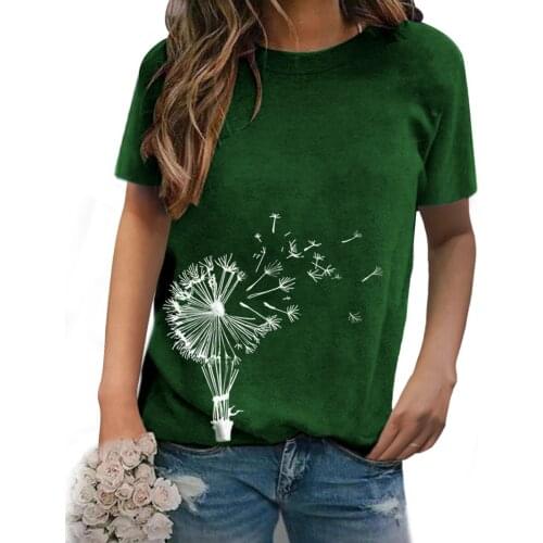 Womens Casual Dandelion Printed O-Neck T-shirt Female Summer Loose Short Sleeve Round-Neck Tops 5 Colors