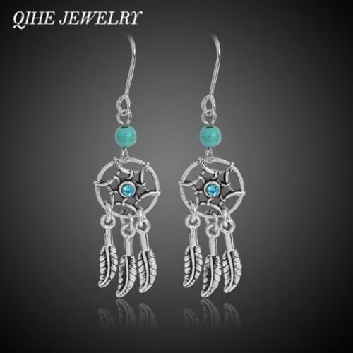 QIHE JEWELRY Ancient Silver Color Blue Beads Dreamcatcher Earrings Dream Catcher Jewelry Bohemian Style Women Jewelry aretes