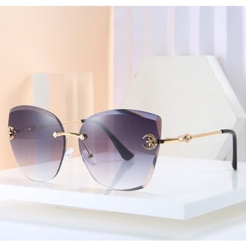 DENISA Fashion Rhinestone Decoration Cat Eye Sunglasses Women 2020 New Arrival Rimless Sun Glasses Vintage Gradient ShadesG17272