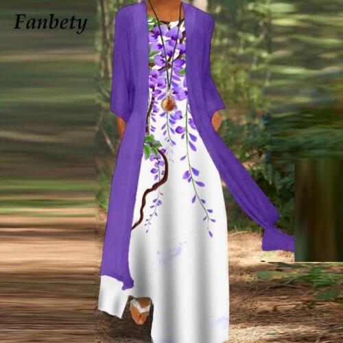 2021 Robe Style Vintage Cardigan Long Tops + Casual O Neck Harajuku Floral Printed Long Dress Women Two Piece Set Dress Outfits