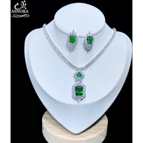 ASNORA New Fashion Simple Shiny Green Jewelry Set Cubic Zircon CZ Necklace Wedding Earring Necklace Party Jewelry X0827