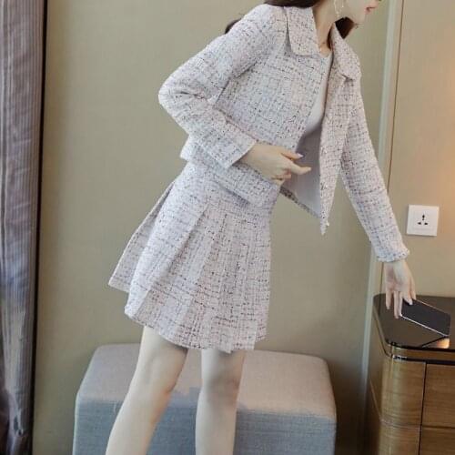 Woman High Quality Elegant Skirt Suits 2021 New Autumn Winter Female Tweed Two Piece Set Ladies Outfits Top Mini Skirt Set Q176