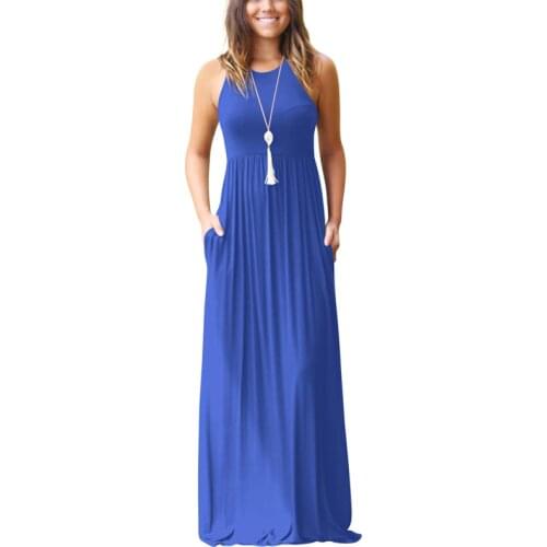 Women Summer Dress Sleeveless Jacket Tunic Maxi Dress Blue Boho Elegant Beach Dress Fashion Evening Party Dress 2020 Newest