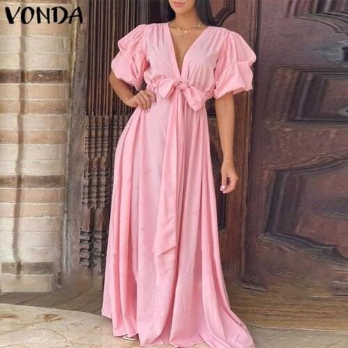 Women Summer Dress Elegant Deep V Neck Belted Evening Party Dress 2021 VONDA Beach Sundress Casual Vestidos Robe Femme
