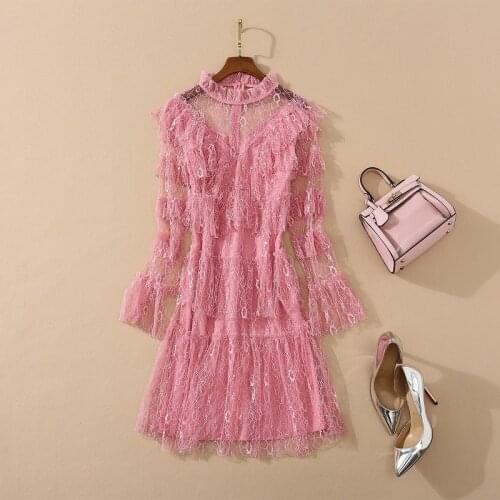 Womens American European and wear 2021 summer new style The horn Long sleeve collar Sexy lace fashion dress