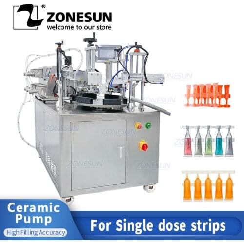 ZONESUN 5 Head Rotary Automatic Ceramic Pump Lotion Single-dose Strips Plastic Dropper Vial Pack Filling And Sealing Machine