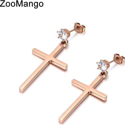 ZooMango Fashion Stainless Steel Rhinestone Corss Stud Earrings Jewelry For Women Girls Boucle D'oreille Femme 2019 ZE18045