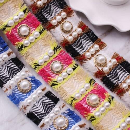 1yards/Lot Pearl Beaded Lace Fabric Embroidered Lace Ribbon Trim Handmade Beaded Fringe Costume Dress Sewing Supplies Material