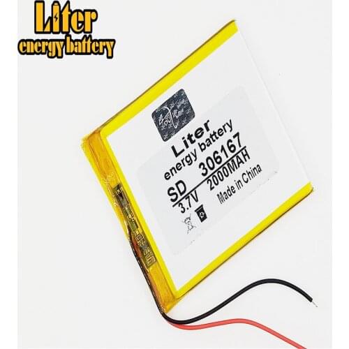 3.7V,2000mAH polymer lithium battery for 3.7V 306167 PLUG GPS,mp3,mp4,mp5,dvd,bluetooth,model toy rechargeable battery