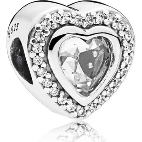 Authentic S925 Sparkling Love Heart Bead Charm Pave Crystals Clear CZ for Pandora Bracelet Bangle DIY Jewelry
