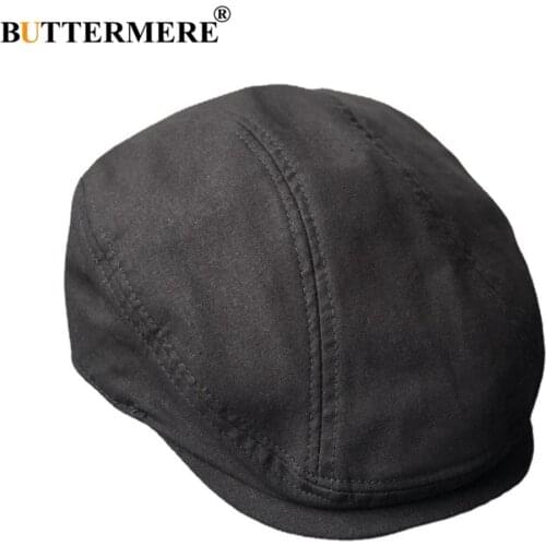 BUTTERMERE Big Large Cotton Linen Flat Cap Summer breathable Men Driver Hat Solid Black Newsboy Caps 58-60cm