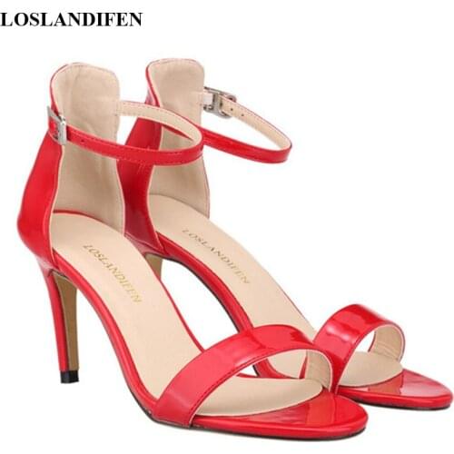 Patent Leather Concise Women Sandals Summer Red Black Open Toe Female Ankle Buckle Thin Heels Gladiator Shoes Party Wedding Pump