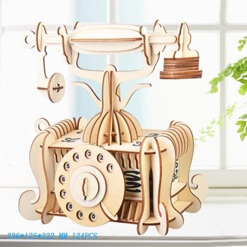 Wooden 3D Building Model Toy Gift Puzzle Hand Work Assemble Game Construction Kit Ancient Telephone Retro Collection