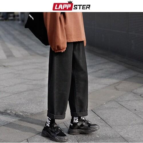 LAPPSTER Men Solid Baggy Black Jeans 2021 Mens Harajuku Streetwear Denim Trousers Man Distressed Vintage Wide Leg Jeans Pant 3XL