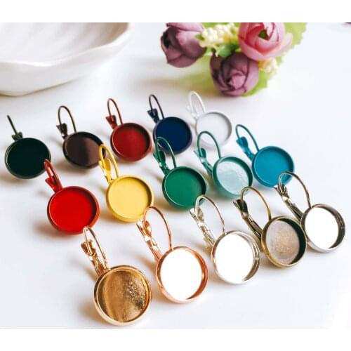 12mm 10pcs Earring Hooks Round Silver Plated Cabochon Cameo Tray Settings Earring Blank Base Supplies for Jewelry