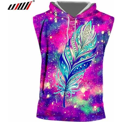 UJWI Funny Print Feather Star 3D T-shirts Men Summer Fashion Sleeveless Hooded Tshirt Homme Crewneck Drawsting Hooded Hoody 7XL