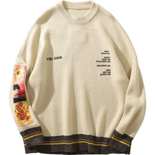 Van Gogh Sleeve Patchwork Pullover Knit Sweater 2019 Mens Hip Hop Embroidery Crewneck Knitwear Sweaters Streetwear Tops