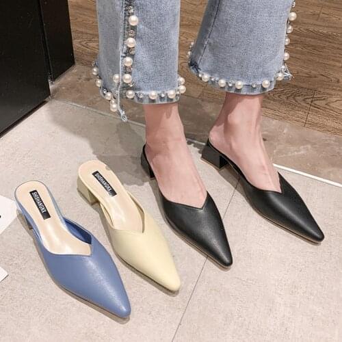 2021 Summer Fashion High Heels PU Solid Mules Shoes for Women Indoor Outdoor Office Slippers Sexy Ladies Slides Thin Heels Mules