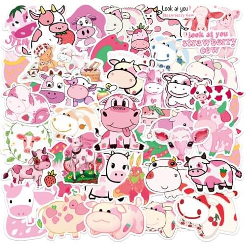 10/30/50PCS Kawaii Pink Strawberry Cows Stickers DIY Skateboard Guitar Luggage Waterproof Cool Sticker Decals for Kid Toy