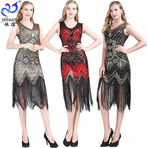 2021 New Trend Retro Sequin Fringed Dress Party Evening Dress V-neck Cocktail Party Unusual Long Dress