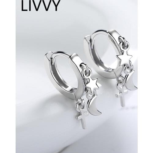 LIVVY Silver Color New Arrival Star Moon Cross Pendant Earrings For Women Fashion Personality Temperament Short Style Jewelry