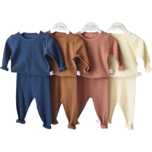 2020 Autumn Ribbed Pijamas Suit for Baby Boys Girls Homewear Clothing Long Sleeve Cotton Solid Nightgown New-born Sleeping Set