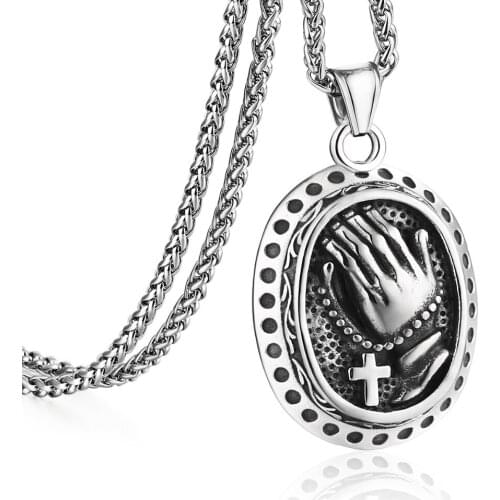 New Cross Hands Hiphop Bling Necklace Stainless Steel Religious Jewelry Out Prayer Jesus Women Men Gift