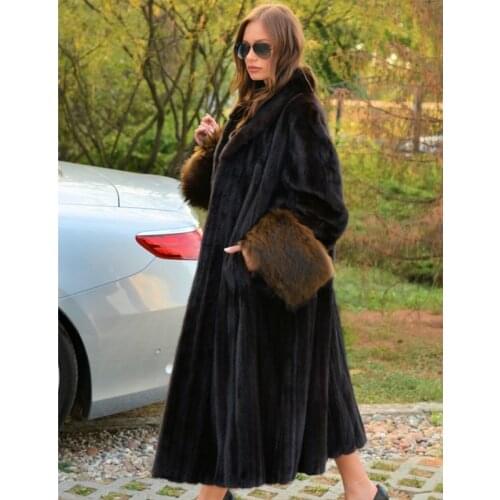 Luxury Women Real Mink Fur Coat 120cm Long Natural Full Pelt Genuine Mink Fur Coats with Raccoon Dog Fur Sleeve Cuffs Overcoats