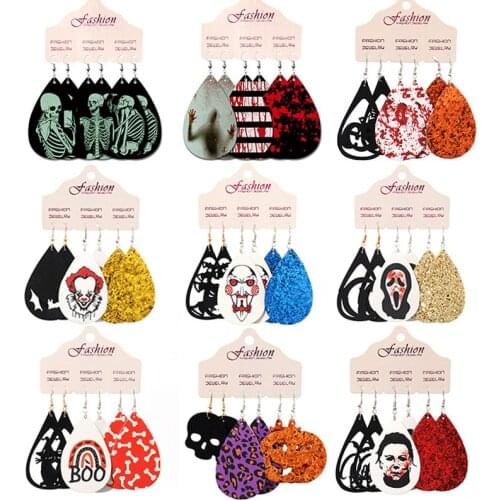 Halloween PU Leather Earring for Women Terror Dizzy Christmas Gretel Party Unique Originality Pattern Dangle Earrings Sets