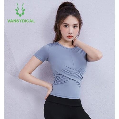 Vansydical Sports Running Short Sleeve Women Gym Yoga Shirts Tops Cross Folding Quick Dry Summer Fitness Workout T-shirts