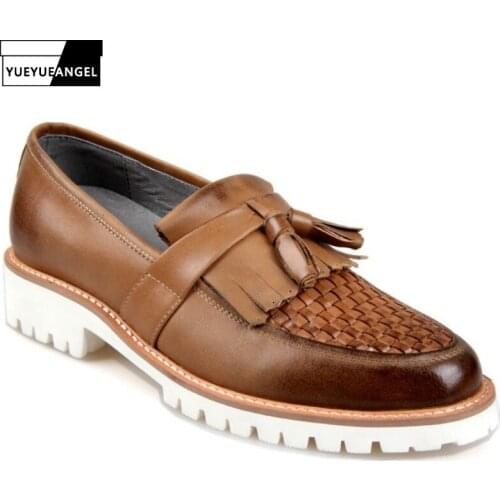 Men England Style Business Real Leather Shoes Designer Breathable Weave Tassel Slip On Casual Shoes Office Platform Loafers
