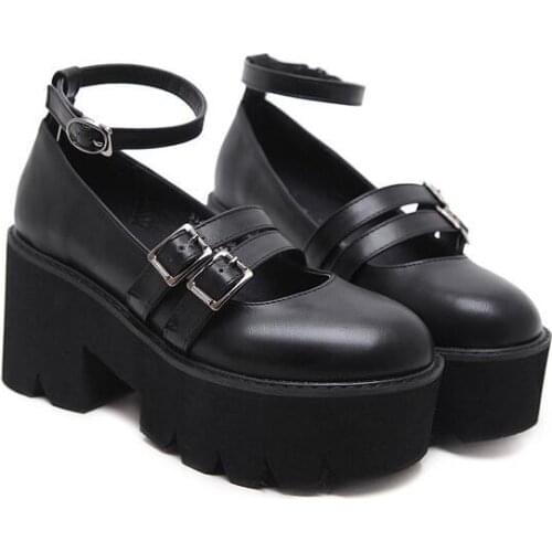 Womens Pump Gothic Shoes Ankle Strap High Chunky Heels Platform Punk Creepers Shoes Female Fashion Buckle Comfortable