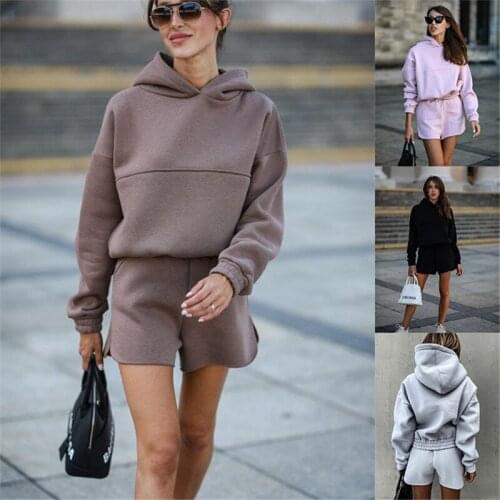 Imcute Fall Autumn Style Warm 2 Piece Set Tracksuit 2020 Women Hooded Long Sleeve Pullover Sweatshirt Tops High Waist Shorts
