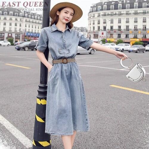 Denim Dresses Summer 2019 Half Sleeve Belt Pocket Shirts Collar Dress Midi Long Casual Jean Dresses Women 2019 AA4906