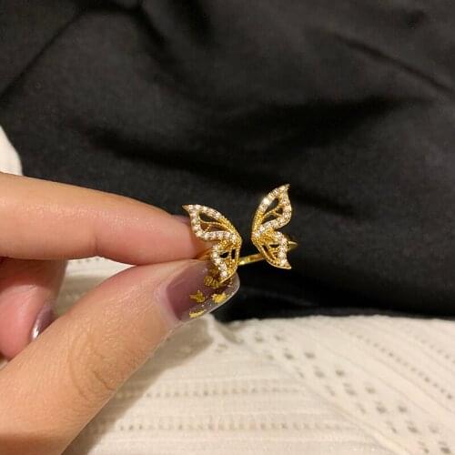 Cute Metal Butterfly Open Ring Female Fashion Gold Color Crystal Finger Tail Rings For Women Party Adjustable Jewelry Gift
