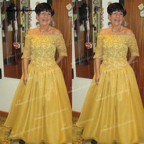 2021 Elegant Off the Shoulder Beading Lace Mother of the Bride dress with Sleeve A-Line de soirée de mariage Wedding Party Gowns