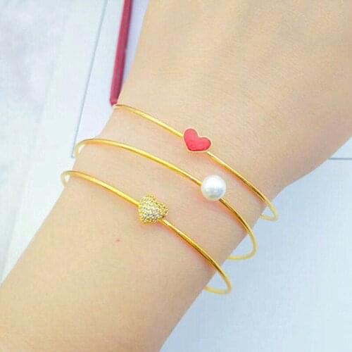 Wholesale Pure Gold Color 3pcs Bangles&Brcelets For Women Girls,24k Gold Filled Red Heart/pearl Cuff Bangles,Fashion Jewelry Set
