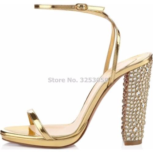 ALMUDENA High End Gold Heels Wedding Shoes Bling Bling Crystal Chunky Heels Gladiator Sandals Buckle Strap Diamond Pumps Size 43