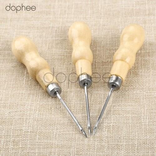 Dophee 3pcs Stitch Hole Hook Tools Hole Punching Leather Wood Handle DIY Leather Craft Canvas Shoes Sewing Tools
