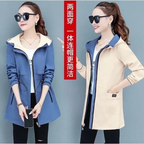 Double-Sided Wear Long Womens Jacket Hooded Korean Casual Spring 2021 Autumn Windbreaker Loose Large Size 5XL Blouse Black Red