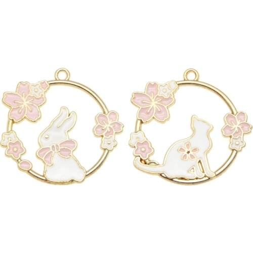 Julie Wang 4PCS Enamel Rabbit Cat Charms Zinc Alloy Round Cherry Blossoms Circl Pendant Bracelet Jewelry Making Accessory