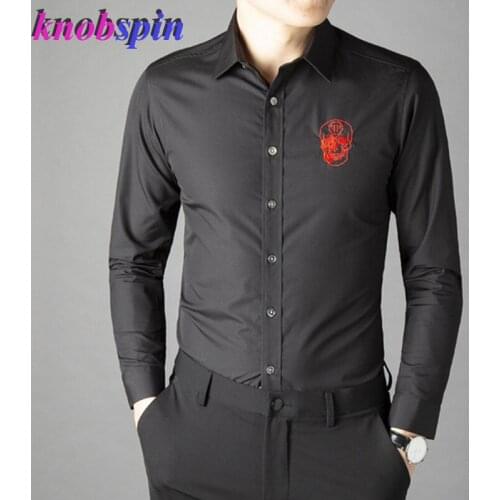 Europe Fashion Men Shirt 2019 Brand Skull Embroidery Chemise homme Casual Social Camisas masculina Solid Slim shirts men S-3XL