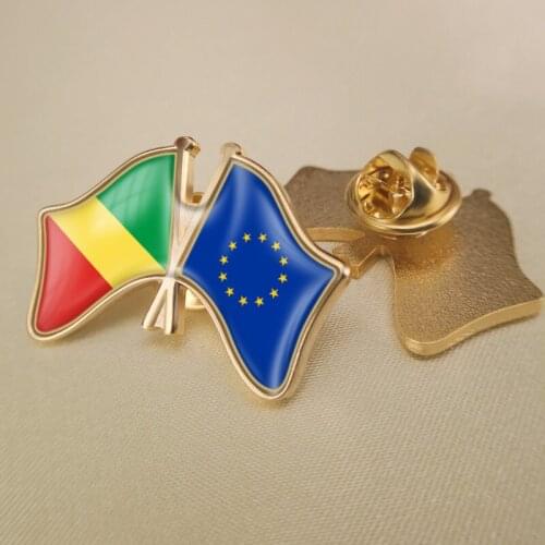 European Union and Congo Republic Crossed Double Friendship Flags Brooch Badges Lapel Pins