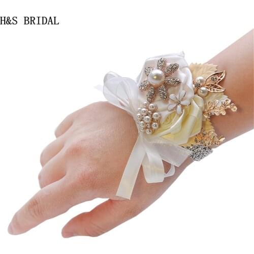 Ivory White Wrist Corsage Bridesmaid Sisters Hand flowers Artificial Wrist Flowers For Wedding Dancing Party Decor Bridal Prom