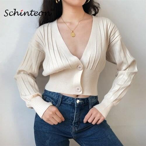 Schinteon Women Knitted Cardigan Sweater V-Neck Collar Jacket Short Outwear Sexy Spring Summer Top Vintage