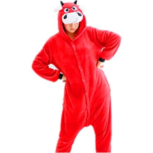 Cartoon Anime Red Bull Bullfight Matador Onesie Halloween Cosplay Animals Red Cow Adult Women Mens Pajamas Sleepwear Jumpsuit
