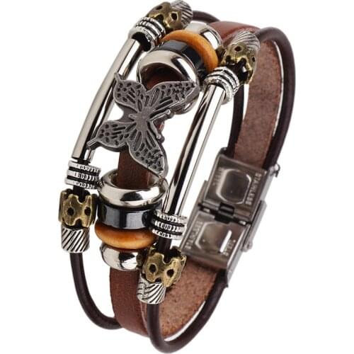 Vintage Animal Butterfly Feather Multilayer Leather Bracelet Men Braided Handmade Rope Wrap Bracelets Bangles Gift