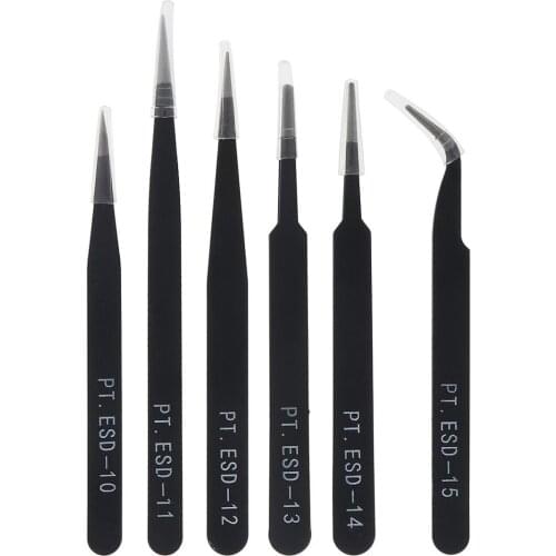 6pcs Anti-static Stainless Steel Tweezers 1.0MM Maintenance Tools Industrial Precision Curved Straight Tweezers Repair Tools