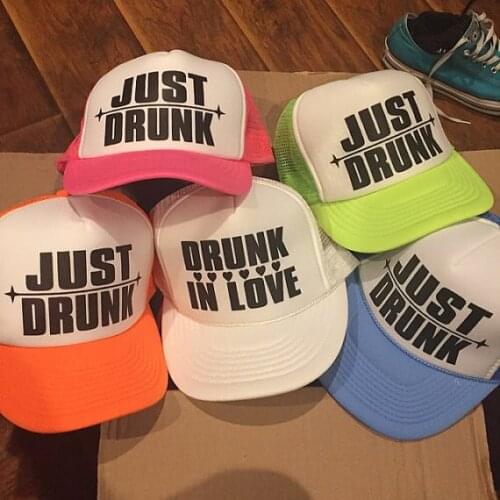 Custom Just Drunk Drunk in love wedding bridesmaid Bachelorette Mesh Trucker Snapback trucker hats caps party favors