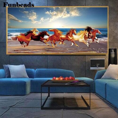 Seven Running Horses 5D Diy Diamond Painting Full Square round diamond Daimond Embroidery Rhinestones blue sea view decor FF603